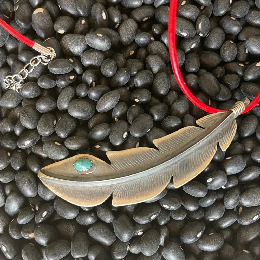 native American, Sterling, silver and turquoise Feather Pendant - Picture 1 of 7